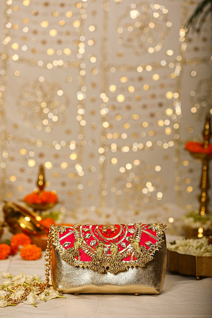 Red PU Leather Embroidered Handbag by 5 Elements at Pernia's Pop Up Shop