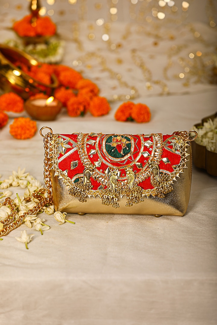Red PU Leather Embroidered Handbag by 5 Elements at Pernia's Pop Up Shop
