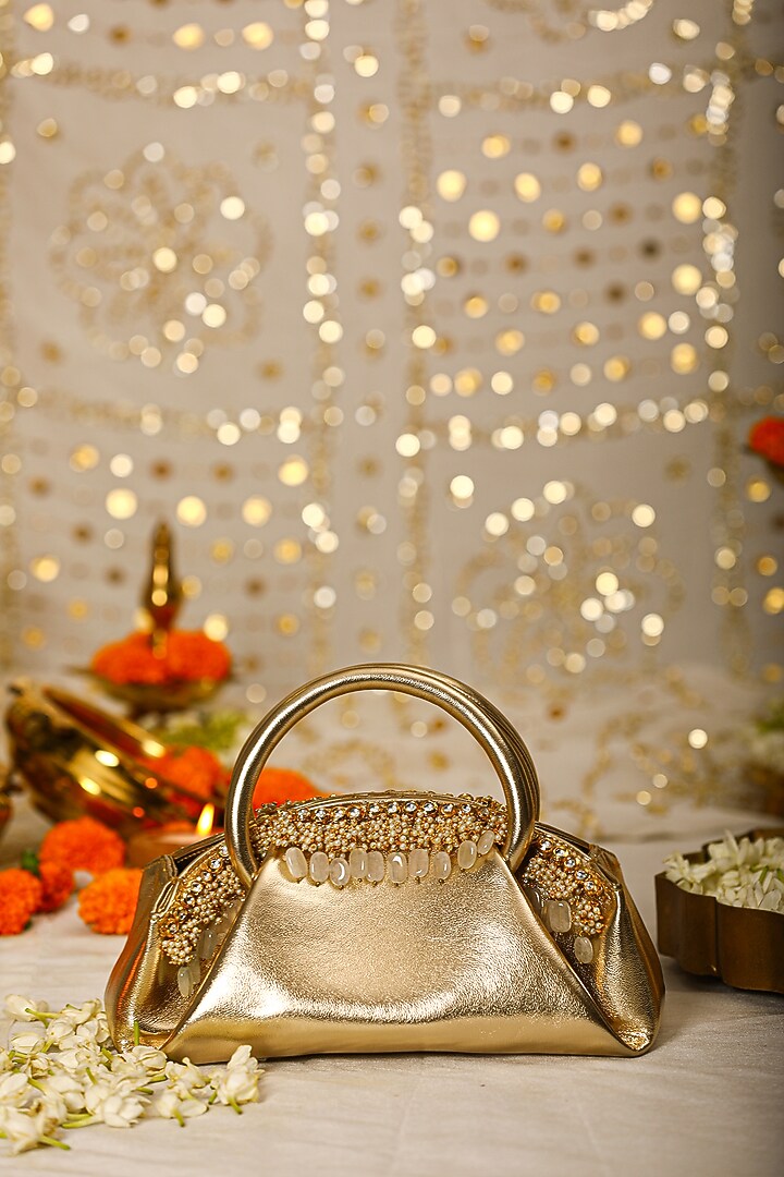 Gold PU Leather Embroidered Clutch by 5 Elements at Pernia's Pop Up Shop