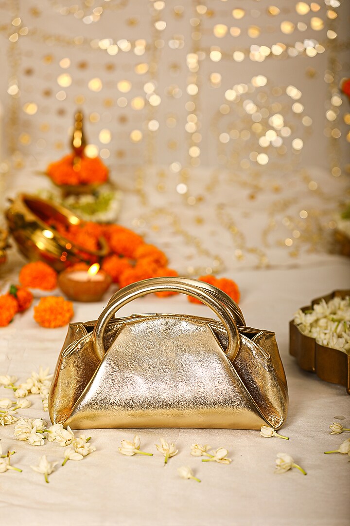 Gold PU Leather Embroidered Clutch by 5 Elements at Pernia's Pop Up Shop