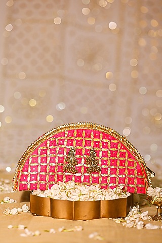 Red Brocade Embroidered Moon-Shape Handbag by 5 Elements