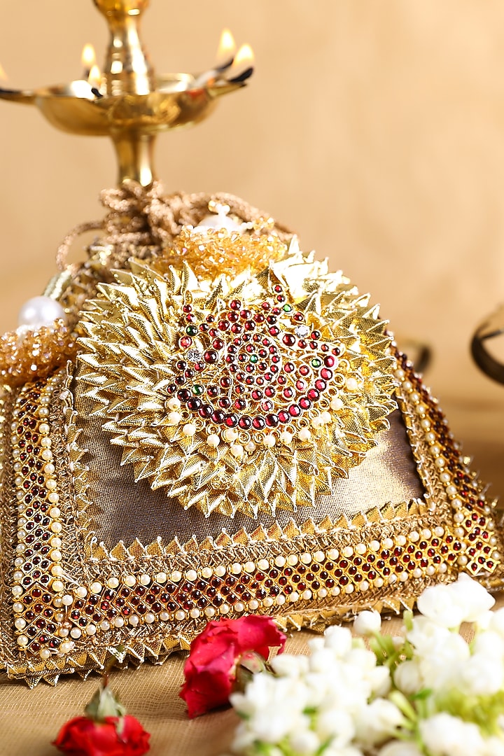 Gold Brocade Floral Motif Embroidered Potli Bag by 5 Elements at Pernia's Pop Up Shop