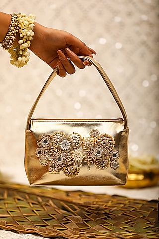 Silver PU Leather Embellished Clutch by 5 Elements