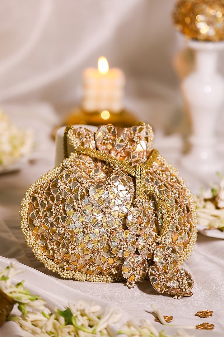 Gold Brocade Embroidered Potli Bag by 5 Elements at Pernia's Pop Up Shop