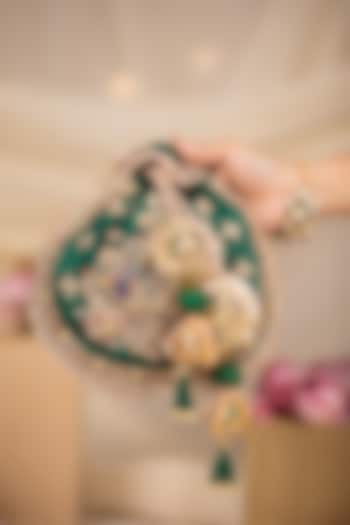 Green Cotton Hand Embroidered Potli by 5 Elements at Pernia's Pop Up Shop