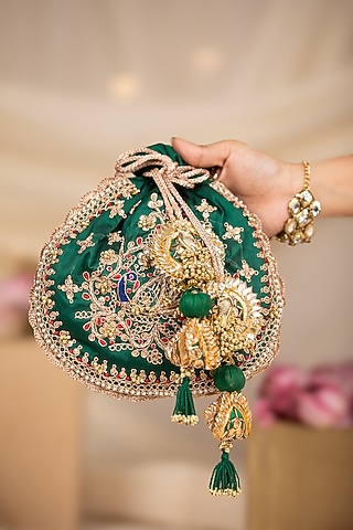 Green Cotton Hand Embroidered Potli by 5 Elements