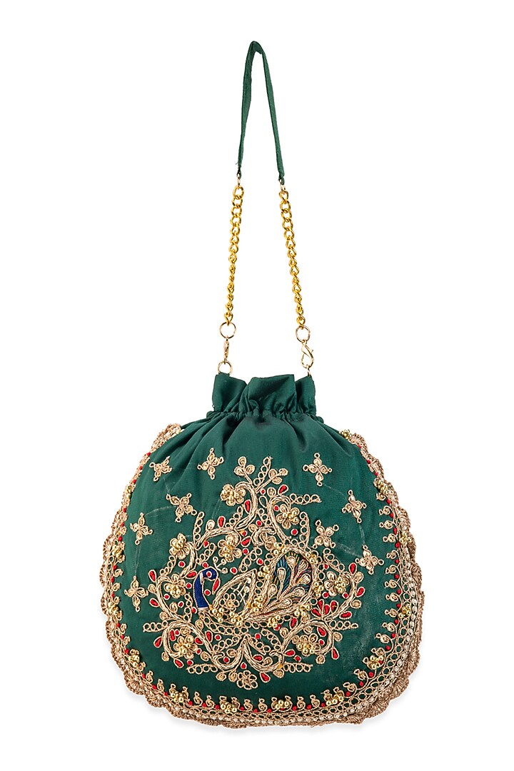 Green Cotton Hand Embroidered Potli by 5 Elements at Pernia's Pop Up Shop