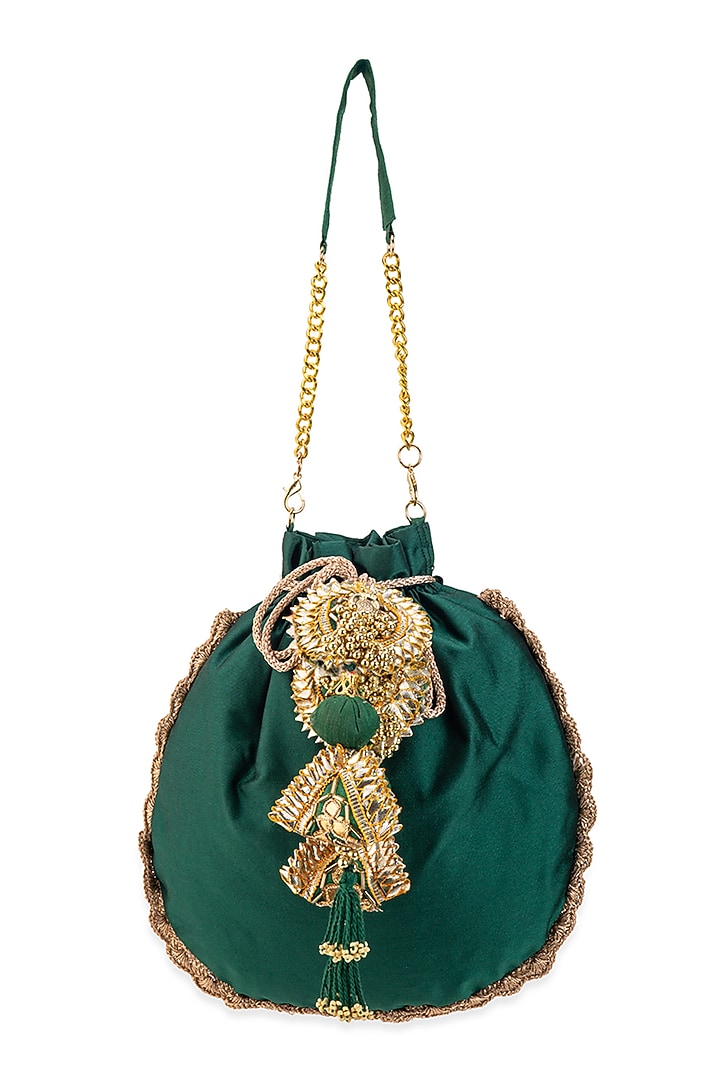 Green Cotton Hand Embroidered Potli by 5 Elements at Pernia's Pop Up Shop