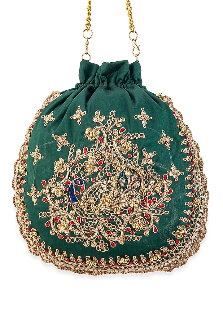 Green Cotton Hand Embroidered Potli by 5 Elements at Pernia's Pop Up Shop