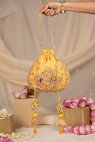 Yellow Cotton Hand Embroidered Potli by 5 Elements