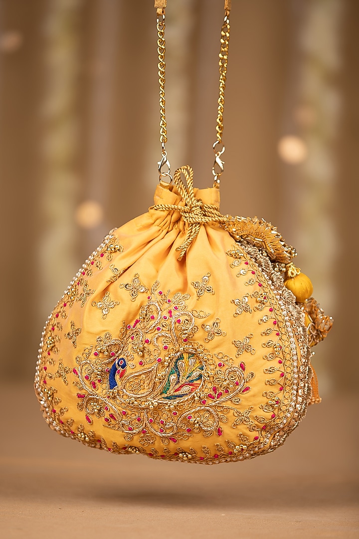 Yellow Cotton Hand Embroidered Potli by 5 Elements at Pernia's Pop Up Shop