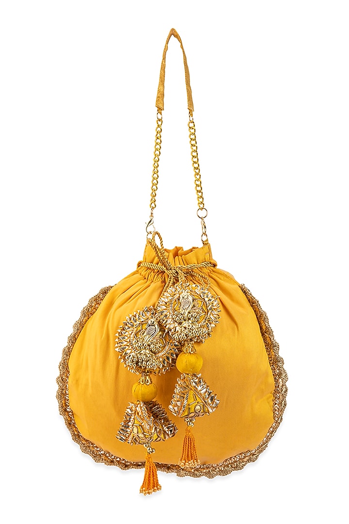Yellow Cotton Hand Embroidered Potli by 5 Elements at Pernia's Pop Up Shop