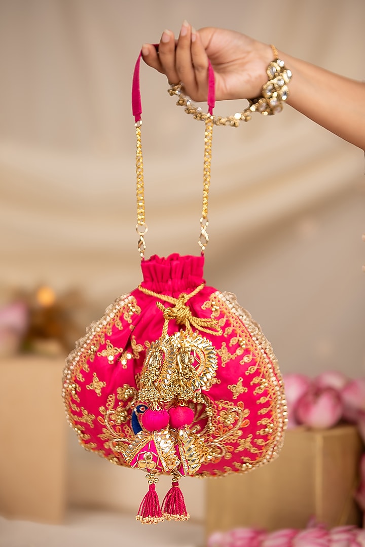 Pink Cotton Hand Embroidered Potli by 5 Elements at Pernia's Pop Up Shop
