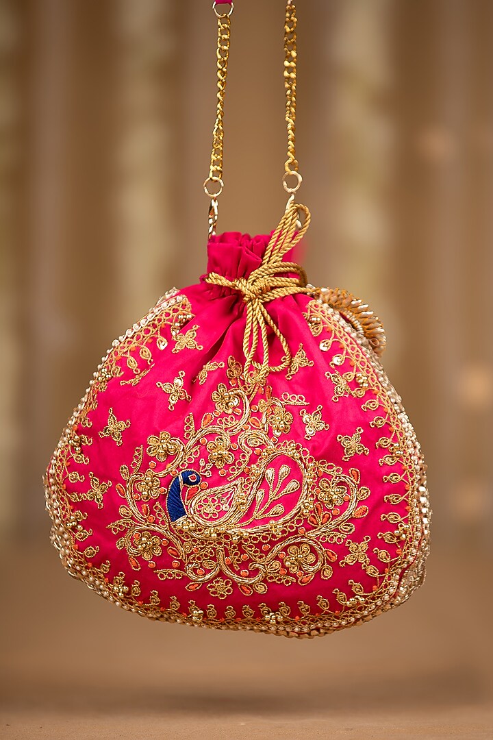 Pink Cotton Hand Embroidered Potli by 5 Elements at Pernia's Pop Up Shop