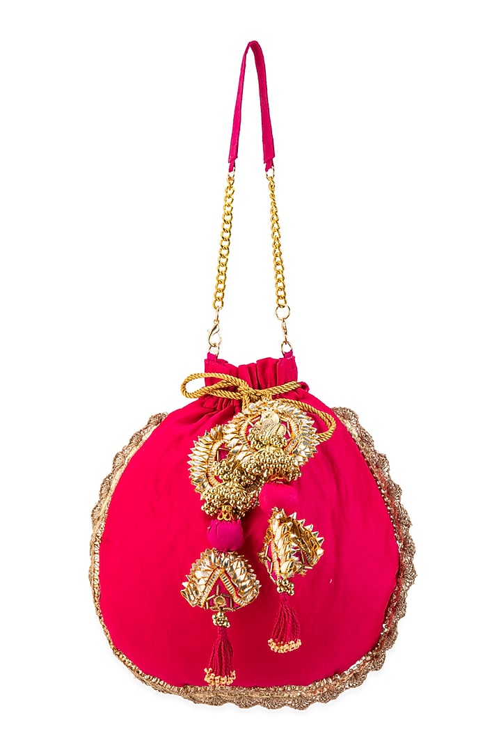 Pink Cotton Hand Embroidered Potli by 5 Elements at Pernia's Pop Up Shop