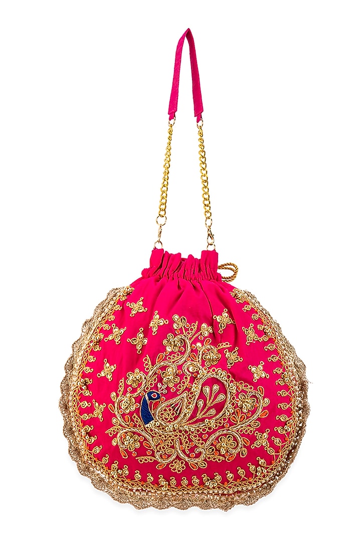 Pink Cotton Hand Embroidered Potli by 5 Elements at Pernia's Pop Up Shop