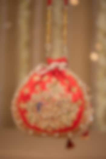 Red Cotton Hand Embroidered Potli by 5 Elements at Pernia's Pop Up Shop