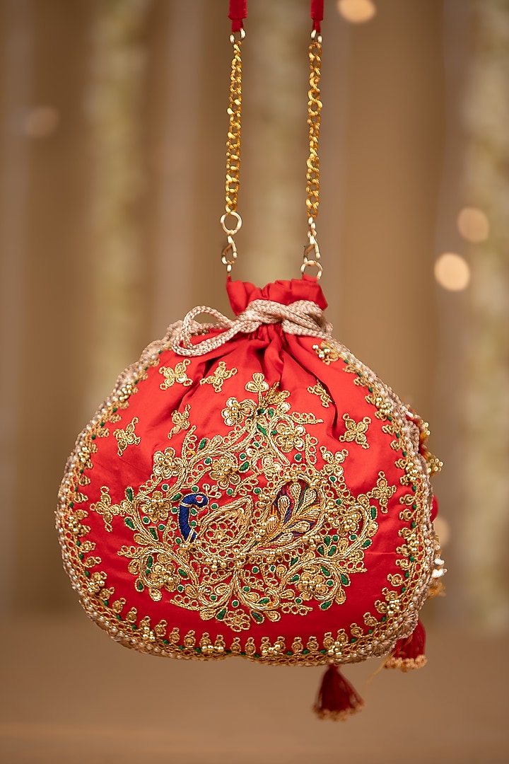 Red Cotton Hand Embroidered Potli by 5 Elements at Pernia's Pop Up Shop