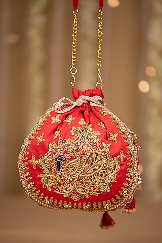 Red Cotton Hand Embroidered Potli by 5 Elements