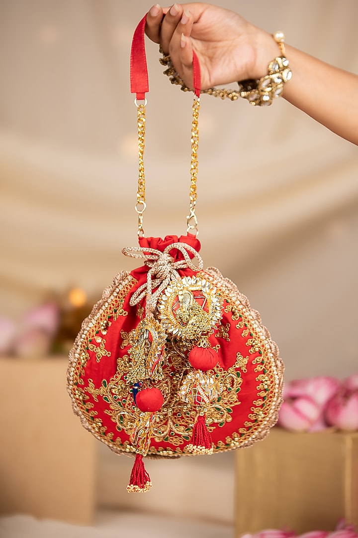 Red Cotton Hand Embroidered Potli by 5 Elements at Pernia's Pop Up Shop