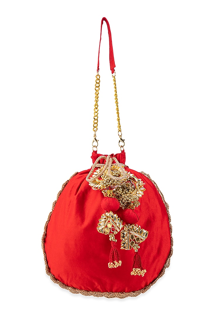 Red Cotton Hand Embroidered Potli by 5 Elements at Pernia's Pop Up Shop