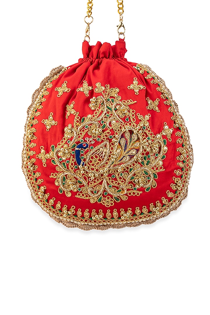 Red Cotton Hand Embroidered Potli by 5 Elements at Pernia's Pop Up Shop