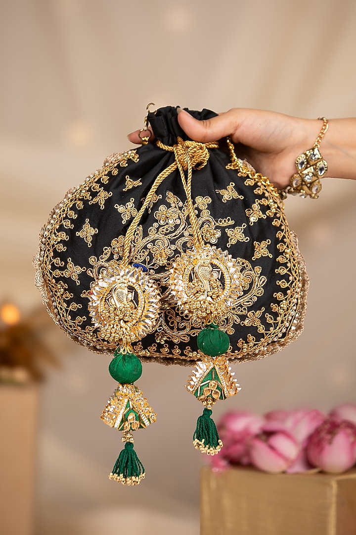 Black Cotton Hand Embroidered Potli by 5 Elements at Pernia's Pop Up Shop
