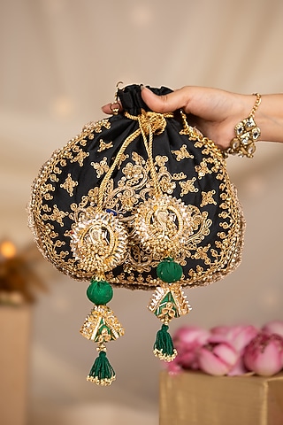 Black Cotton Hand Embroidered Potli by 5 Elements