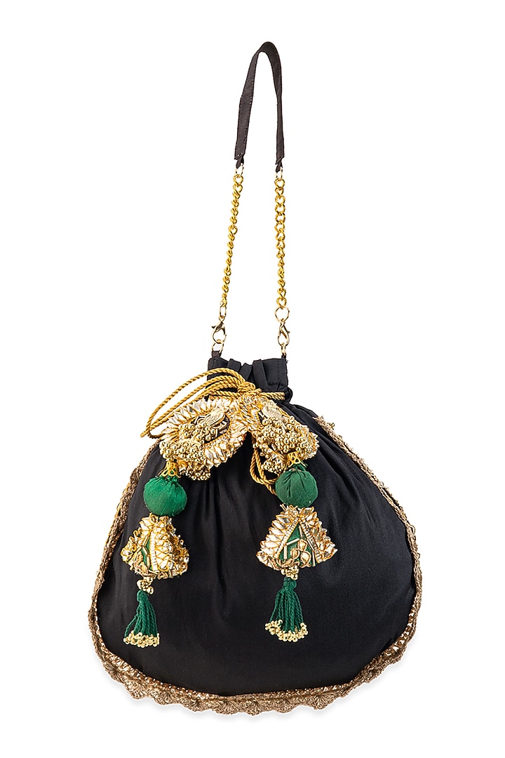 Black Cotton Hand Embroidered Potli by 5 Elements at Pernia's Pop Up Shop