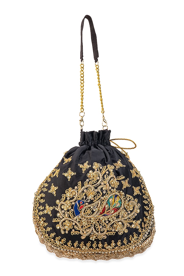 Black Cotton Hand Embroidered Potli by 5 Elements at Pernia's Pop Up Shop