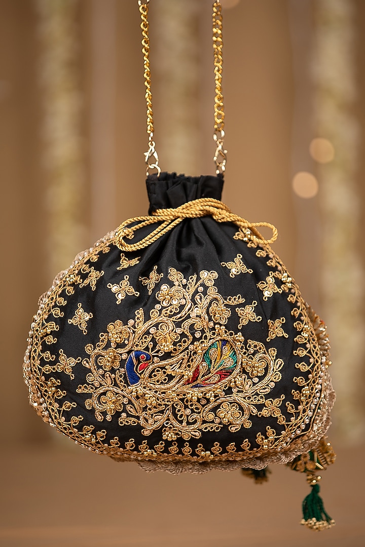 Black Cotton Hand Embroidered Potli by 5 Elements at Pernia's Pop Up Shop