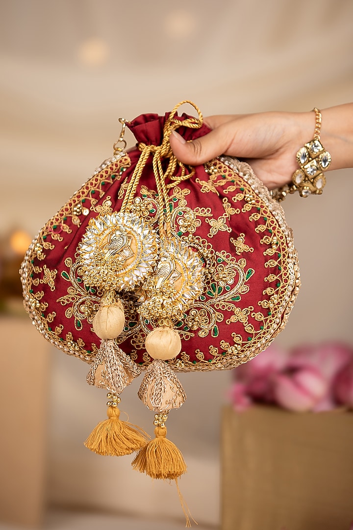 Maroon Cotton Hand Embroidered Potli by 5 Elements at Pernia's Pop Up Shop