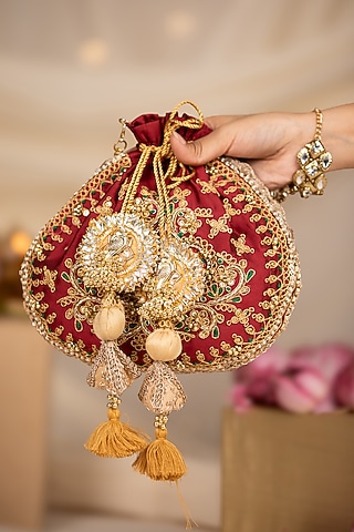 Maroon Cotton Hand Embroidered Potli by 5 Elements