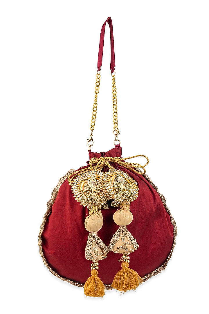 Maroon Cotton Hand Embroidered Potli by 5 Elements at Pernia's Pop Up Shop