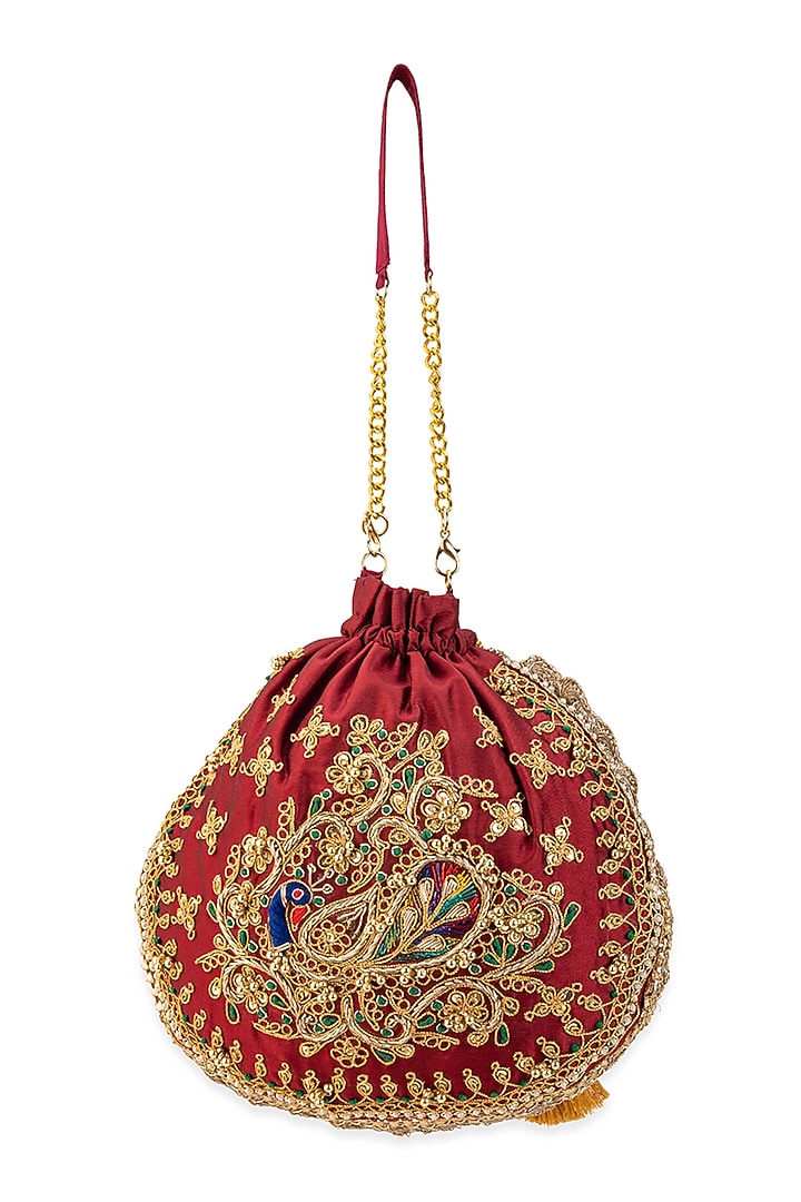 Maroon Cotton Hand Embroidered Potli by 5 Elements at Pernia's Pop Up Shop