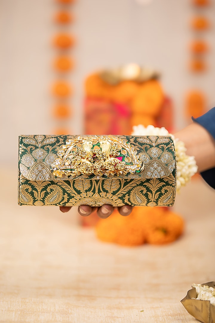 Green Brocade Embroidered Handbag by 5 Elements at Pernia's Pop Up Shop