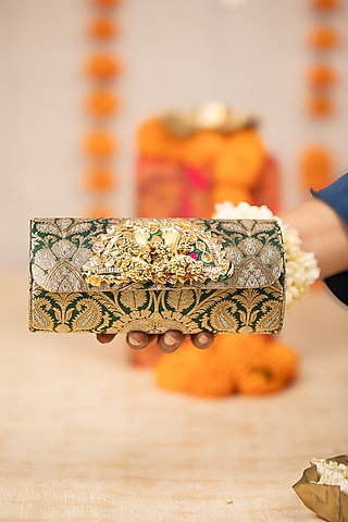 Green Brocade Embroidered Handbag by 5 Elements