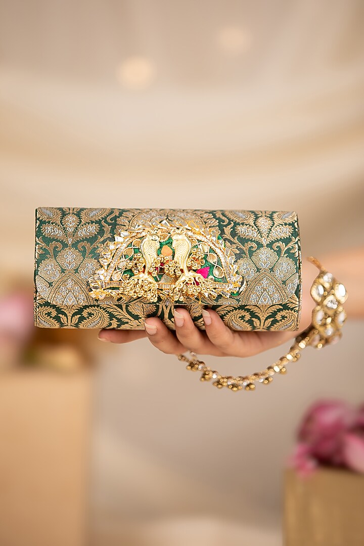 Green Brocade Embroidered Handbag by 5 Elements at Pernia's Pop Up Shop