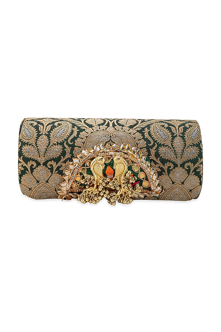 Green Brocade Embroidered Handbag by 5 Elements at Pernia's Pop Up Shop