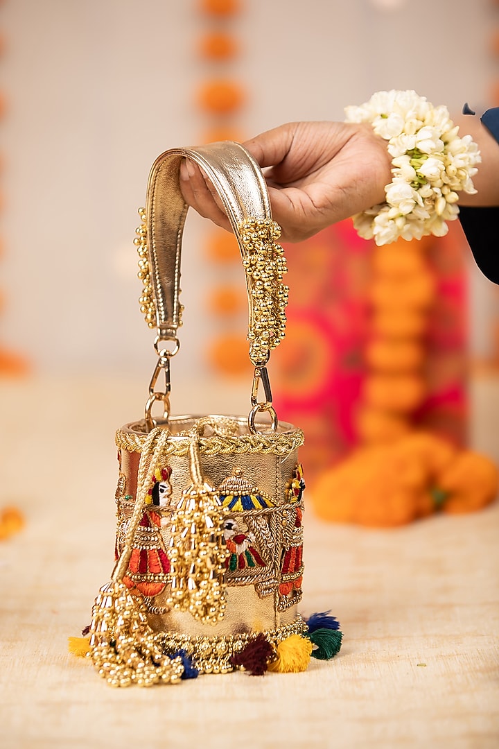 Gold PU Embroidered Potli by 5 Elements at Pernia's Pop Up Shop
