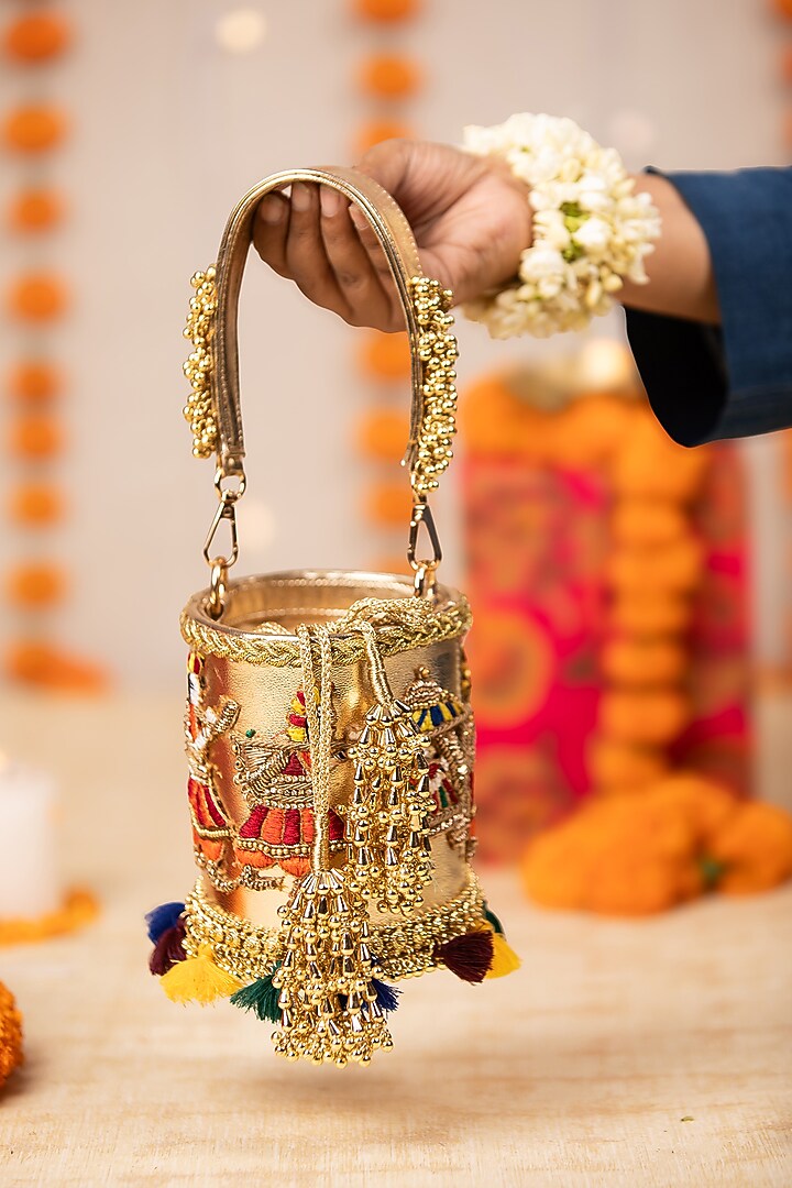 Gold PU Embroidered Potli by 5 Elements at Pernia's Pop Up Shop