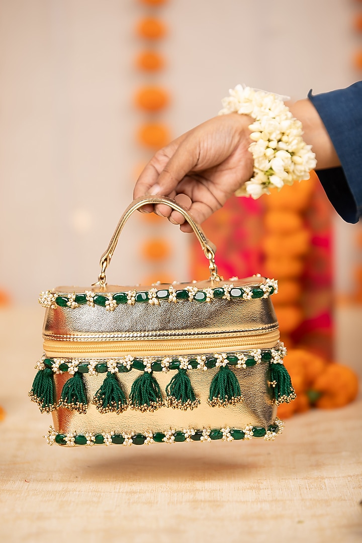 Gold PU Embroidered Handbag by 5 Elements at Pernia's Pop Up Shop