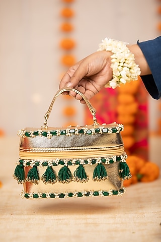 Gold PU Embroidered Handbag by 5 Elements