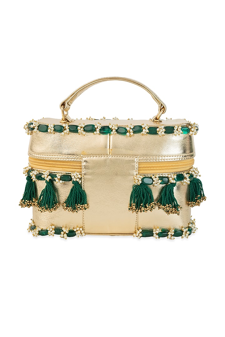 Gold PU Embroidered Handbag by 5 Elements at Pernia's Pop Up Shop
