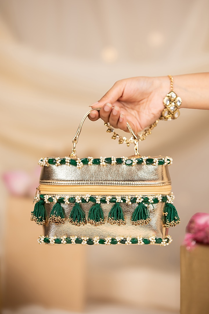 Gold PU Embroidered Handbag by 5 Elements at Pernia's Pop Up Shop