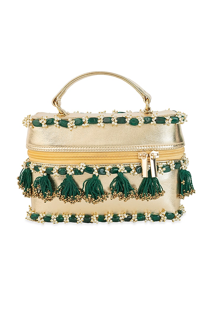 Gold PU Embroidered Handbag by 5 Elements at Pernia's Pop Up Shop