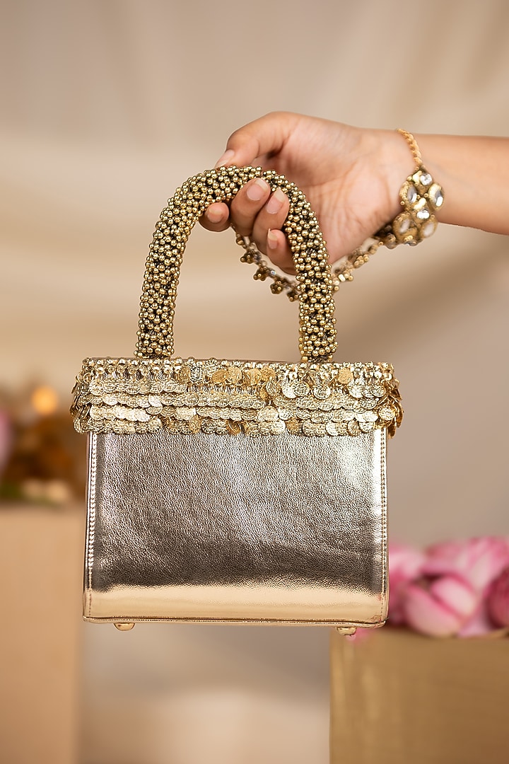 Gold PU Embroidered Handbag by 5 Elements at Pernia's Pop Up Shop