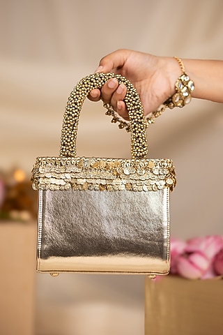 Gold PU Embroidered Handbag by 5 Elements