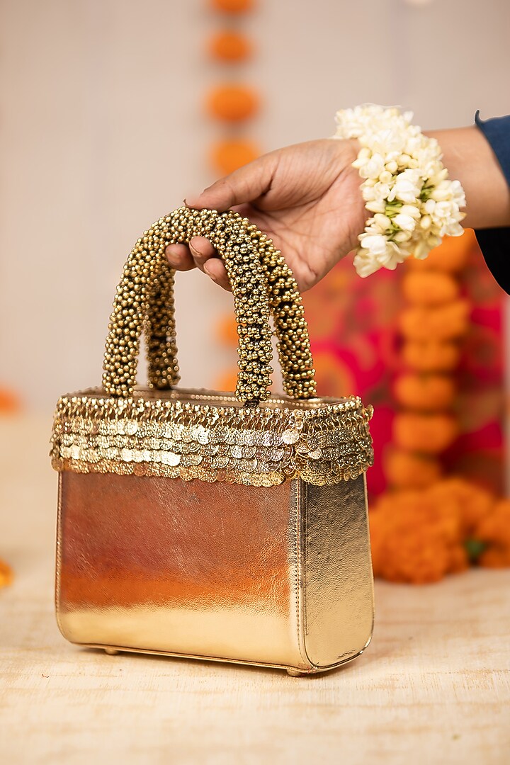Gold PU Embroidered Handbag by 5 Elements at Pernia's Pop Up Shop