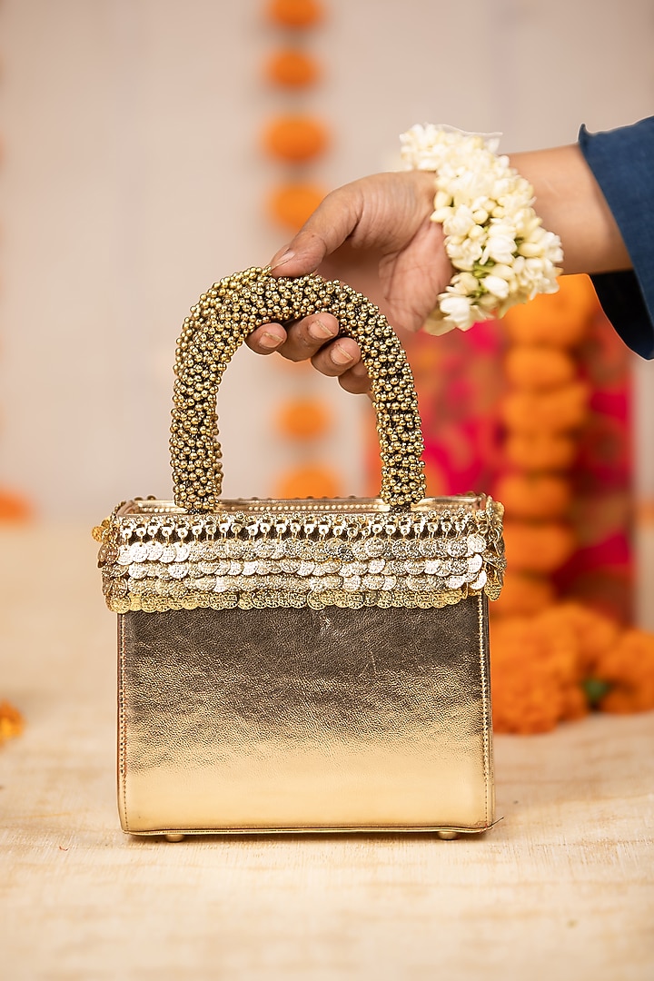 Gold PU Embroidered Handbag by 5 Elements at Pernia's Pop Up Shop